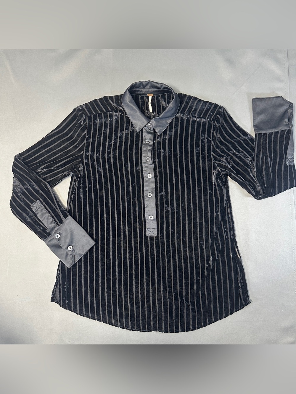 Free People Black Velvet Striped Long Sleeves Button-Up Collared Blouse